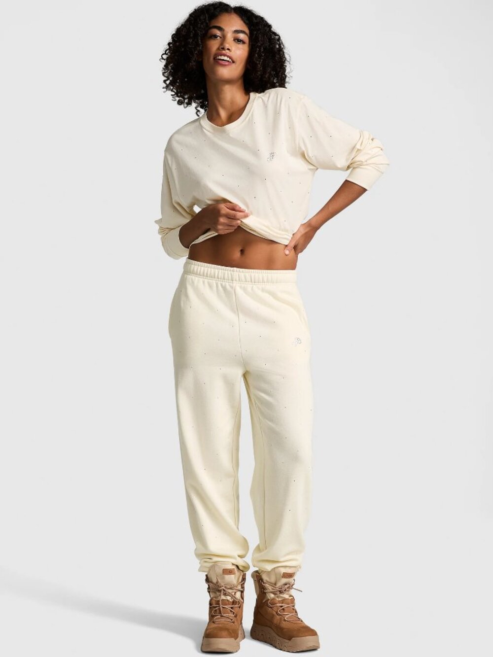 PINK Victoria's Secret Beige Rhinestone Ivy Fleece Jogger Sweatpants XL NWT